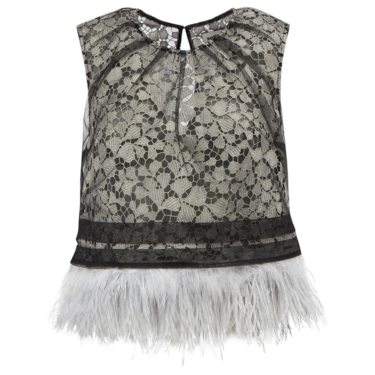 Self-Portrait Grey Layered Lace Feather Trim Top Size M For Sale