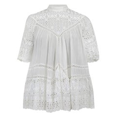 Used Zimmermann White Cotton Broderie Anglaise Lace Cut-Out Smock Top Size M