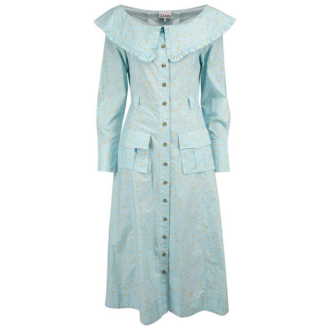 Ganni Blue Floral Print Midi Shirt Dress Size M