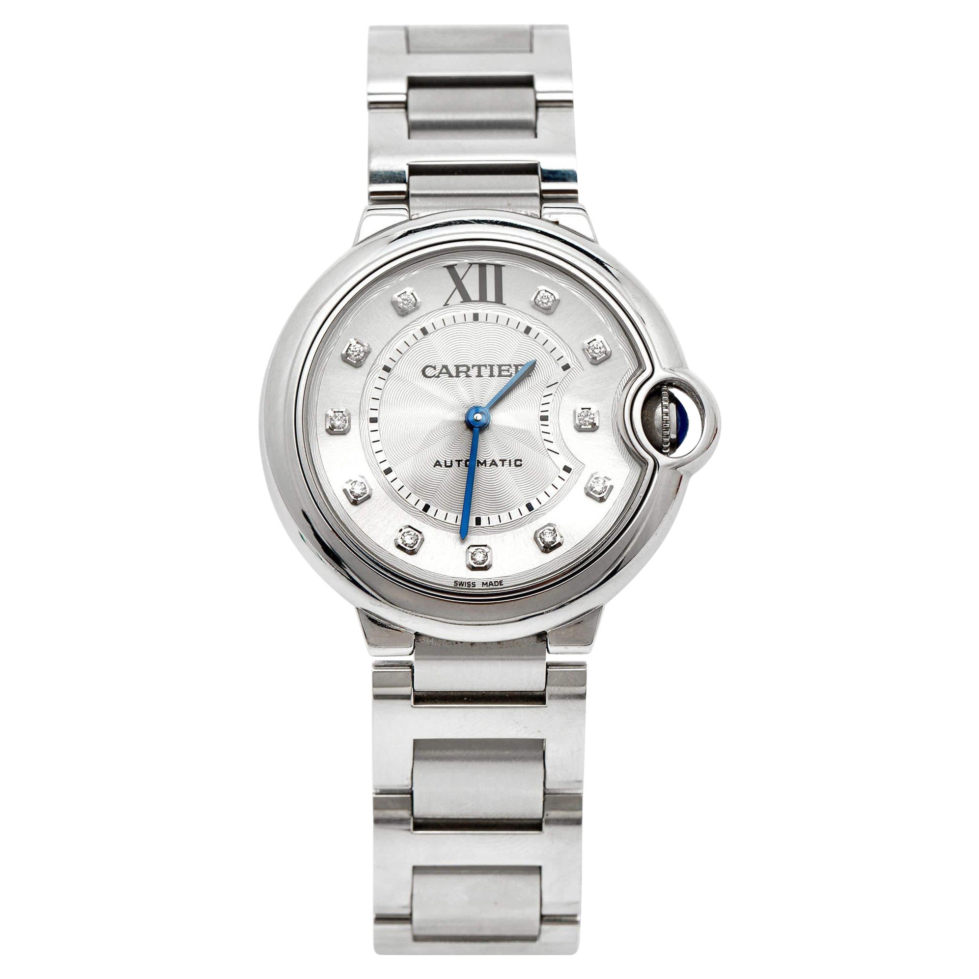 Cartier Silver Diamond Stainless Steel Ballon Bleu WE902075 Women's Wristwatch 