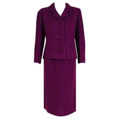 Vintage 1967 Balenciaga Haute-Couture Royal Purple Wool Double-Breasted Mod Skirt Suit 