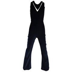 Vintage 1970s Black Fine Corduroy Space Age Cut - Out Flared Leg 70s Jumpsuit Catsuit