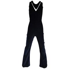 1970s Black Fine Corduroy Space Age Cut - Out Flared Leg 70s Jumpsuit Catsuit 6