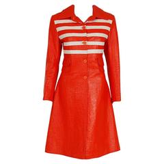 1968 Louis Feraud Orange & White Striped Vinyl Mod Space-Age Trench Coat Jacket