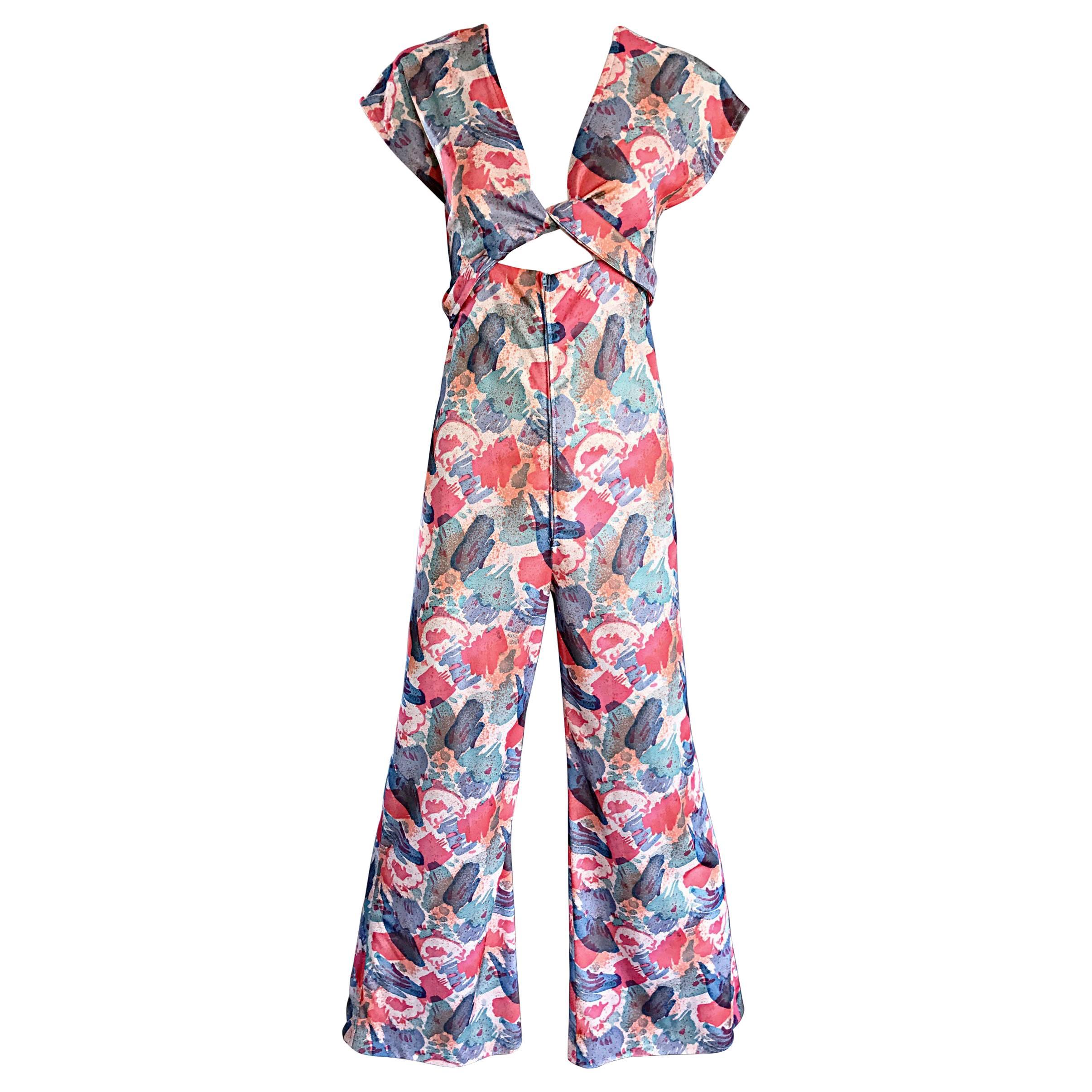 Amazing 1970s Vintage Cut - Out Waist 70s Abstract Wrap Flared Leg Jumpsuit  For Sale at 1stDibs
