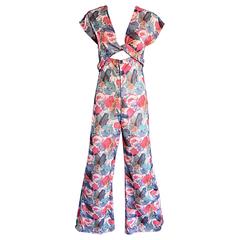Amazing 1970s Vintage Cut - Out Waist 70s Abstract Wrap Flared Leg Jumpsuit 5