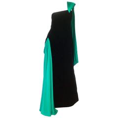 Vintage 1980s Jacqueline de Ribes Green Silk and Black Velvet French Evening Gown