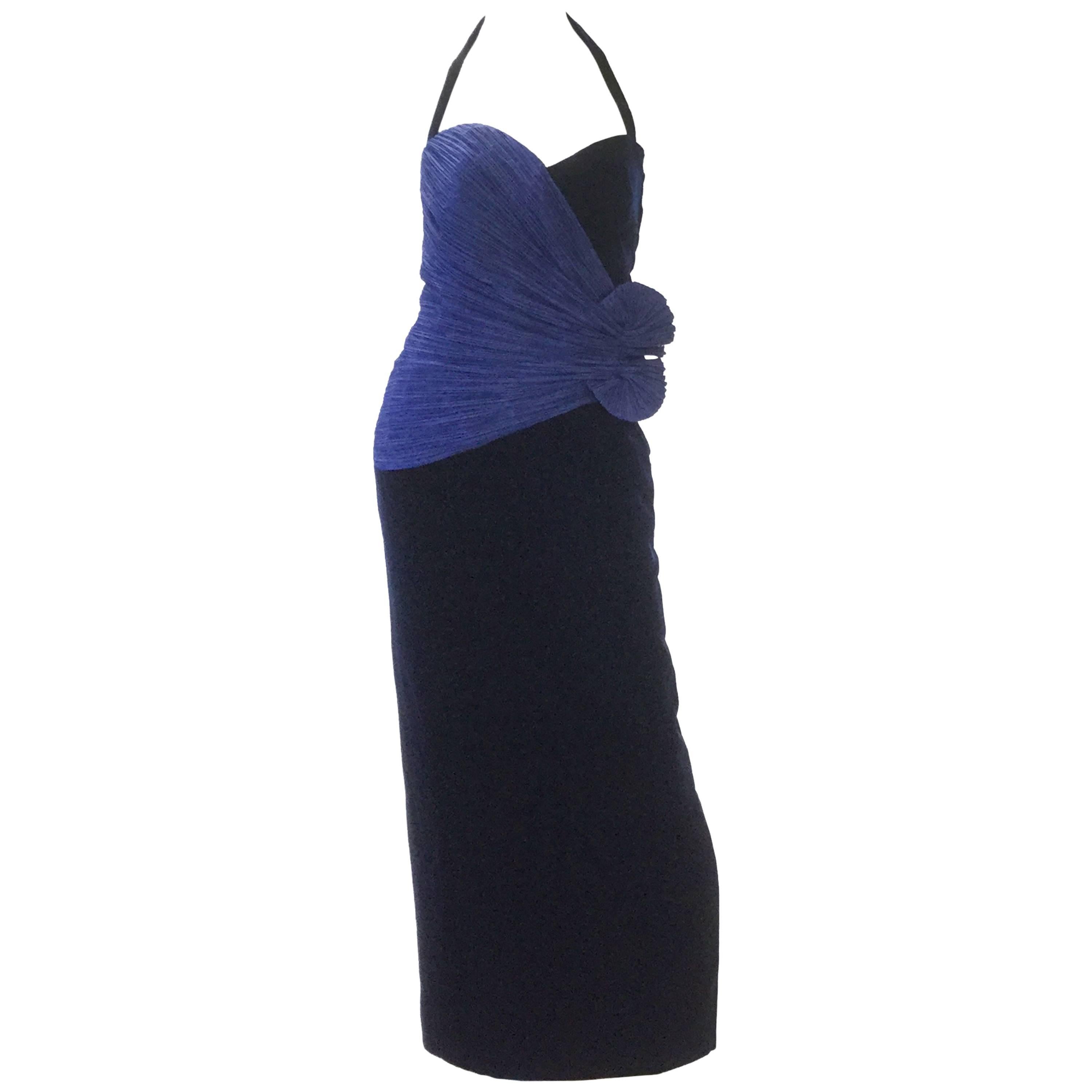 1980s Murray Arbeid Signature Blue Taffeta and Black Velvet Evening Gown For Sale