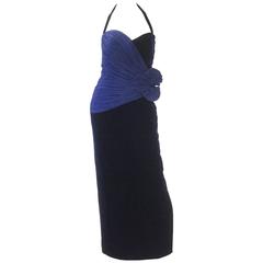 Vintage 1980s Murray Arbeid Signature Blue Taffeta and Black Velvet Evening Gown