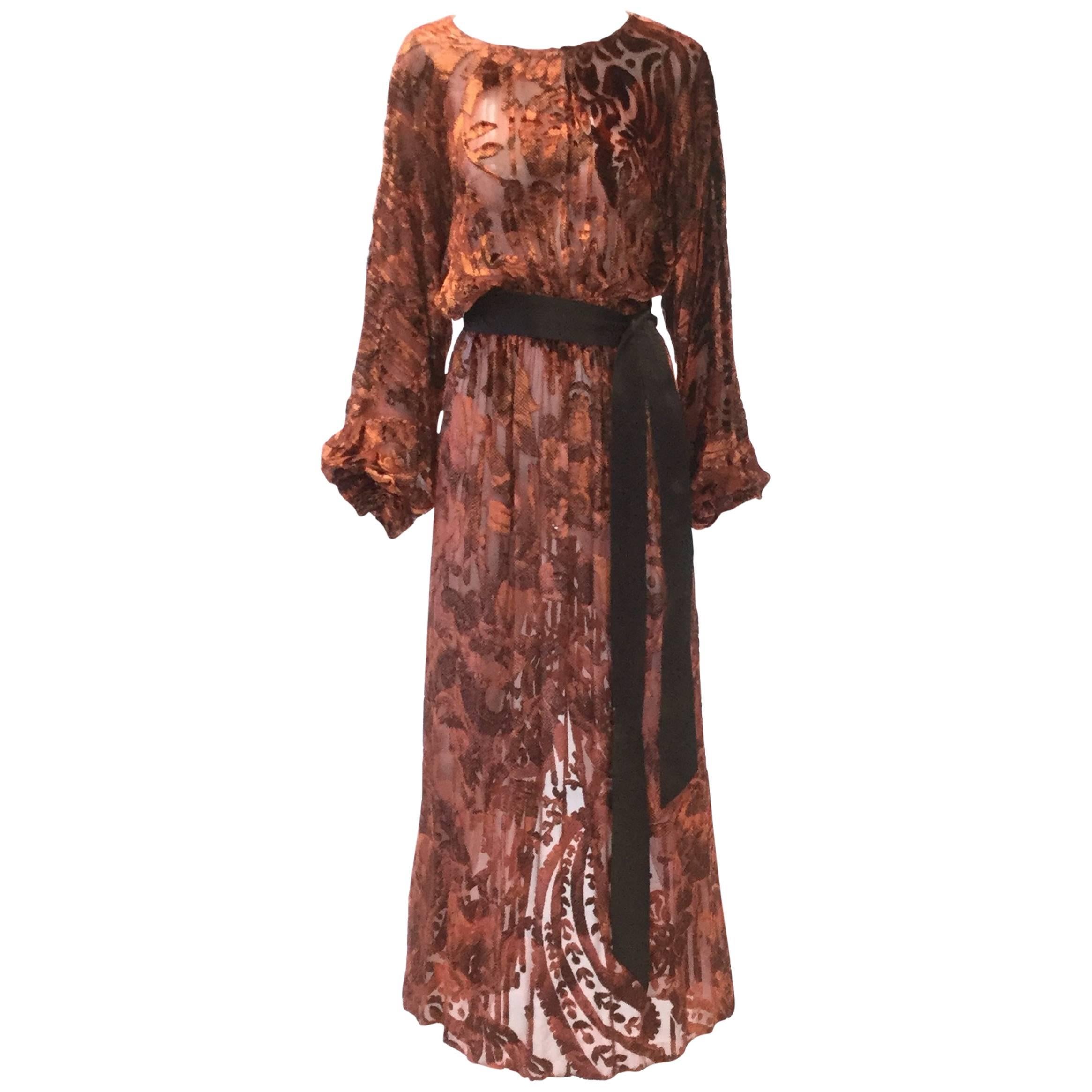 Burnt Golden Brown Silk Burn Out Vintage Velvet Long dress, 1970s 