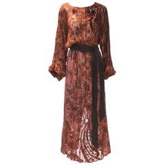 Burnt Golden Brown Silk Burn Out Vintage Velvet Long dress, 1970s