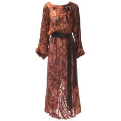 Burnt Golden Brown Silk Burn Out Vintage Velvet Long dress, 1970s 