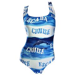 Vintage ESCADA by Margaretha Ley Blue and White One Piece Swimsuit / Bodysuit 44