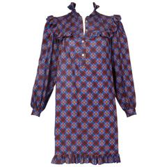 Vintage 1970's Yves Saint Laurent YSL Plaid Bib Dress w/Ruffle Trim