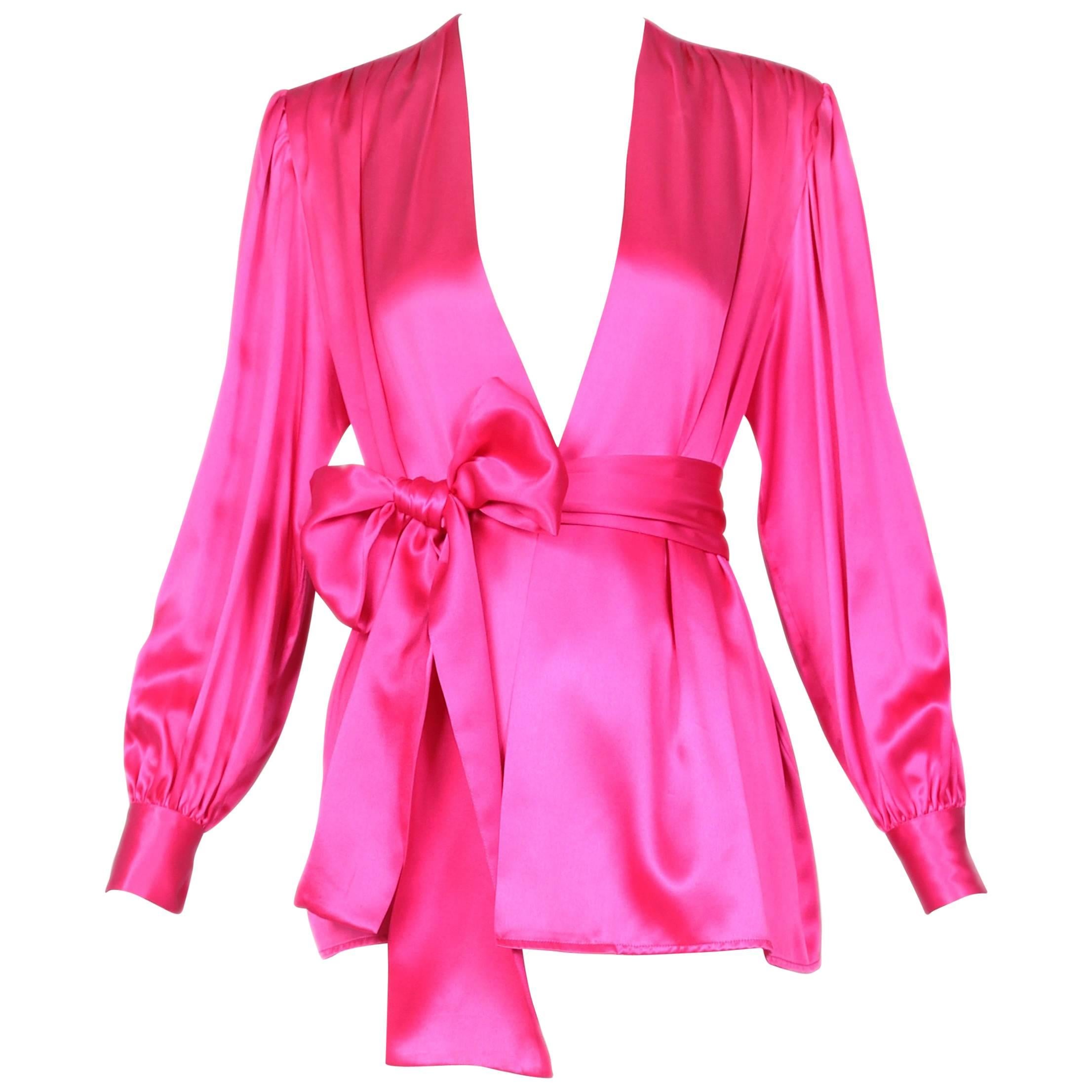 1970's Yves Saint Laurent YSL Hot Pink Silk Blouse W/Matching Sash