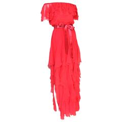 1970's Yves Saint Laurent YSL Red Silk Chiffon Ruffled Evening Gown