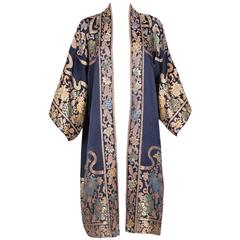 1920's Silk Coat Duster w/Kimono Sleeves & Metallic Floral Design Motif