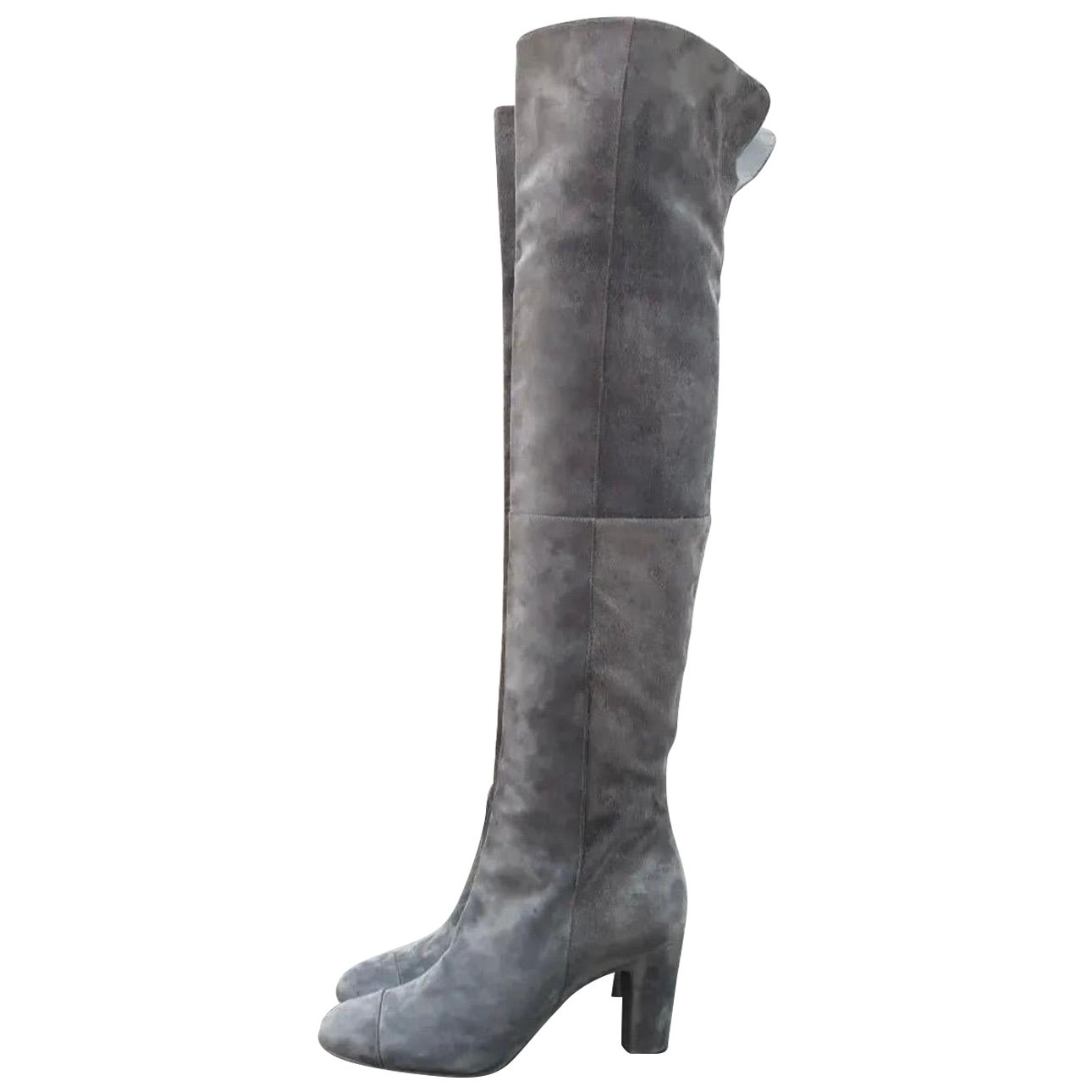 CHANEL Gray Suede Cap Toe CC Thigh High Over The Knee Tall Boots For Sale