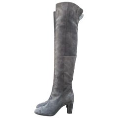 CHANEL Gray Suede Cap Toe CC Thigh High Over The Knee Tall Boots