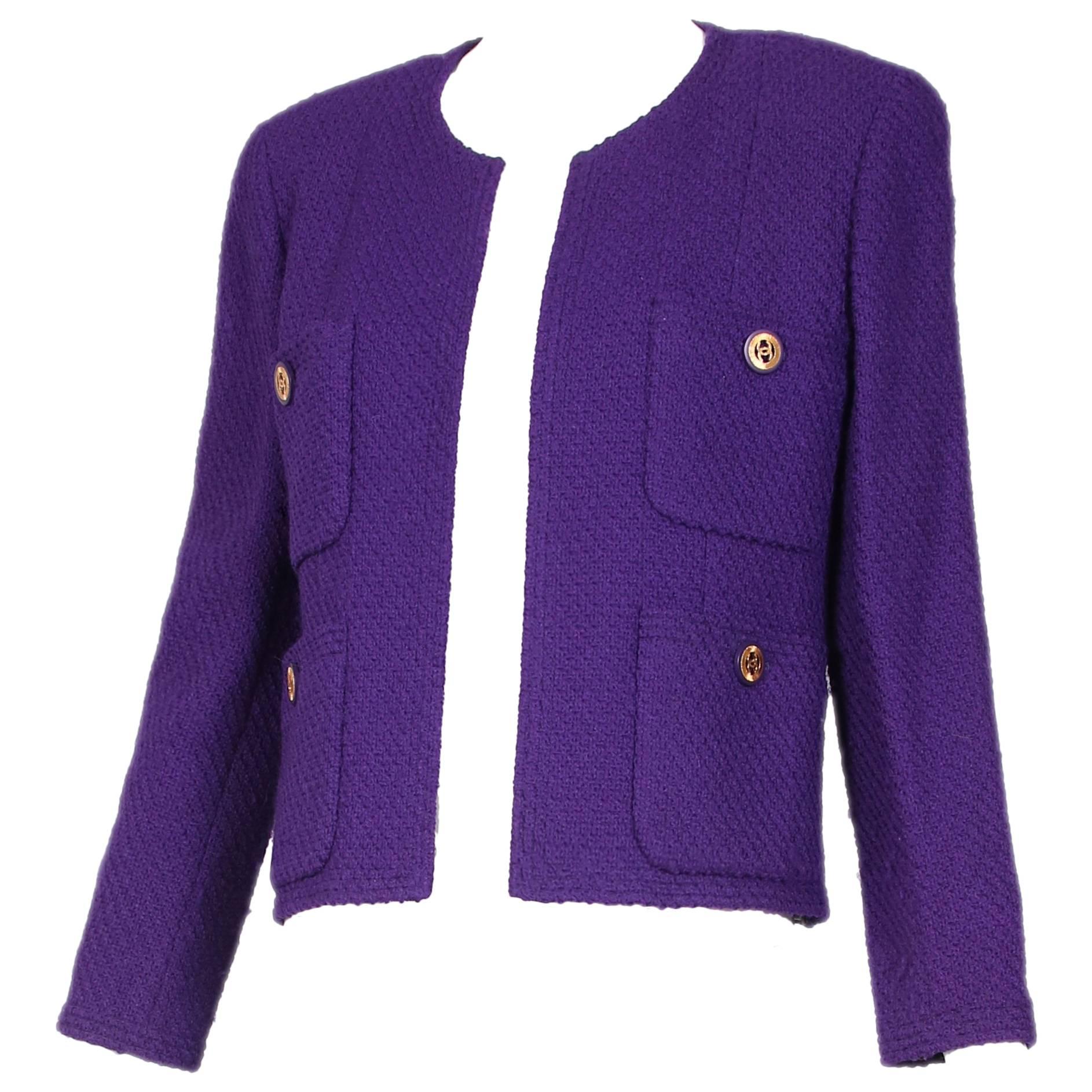 Vintage Chanel Purple Boucle Wool Jacket & Skirt w/Jeweled Clock Print Lining