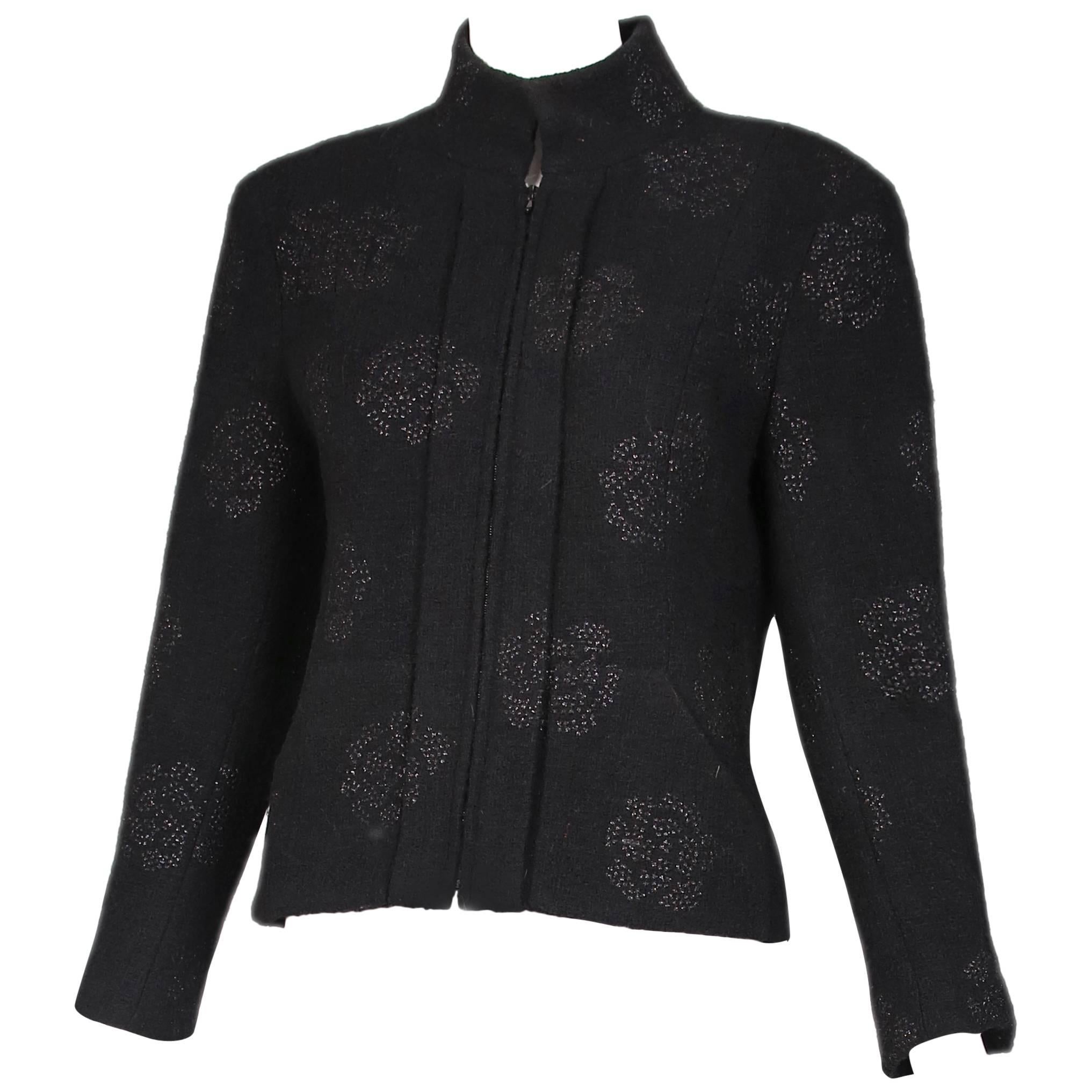 2003 Chanel Black Wool Boucle Jacket w/Camellia Print