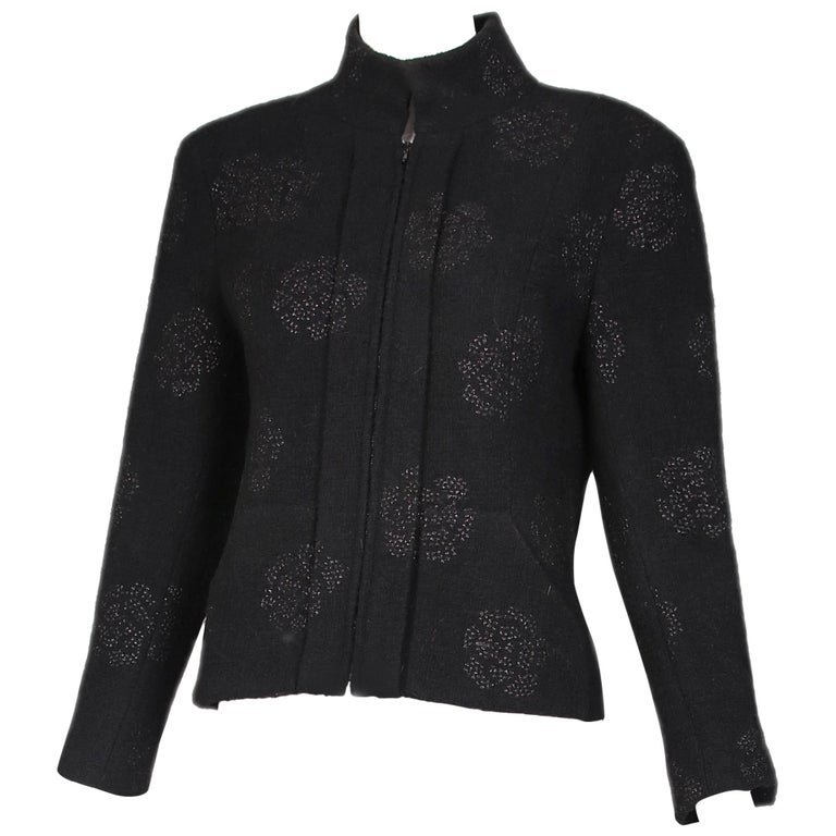2003 Chanel Black Wool Boucle Jacket w/Camellia Print at 1stDibs
