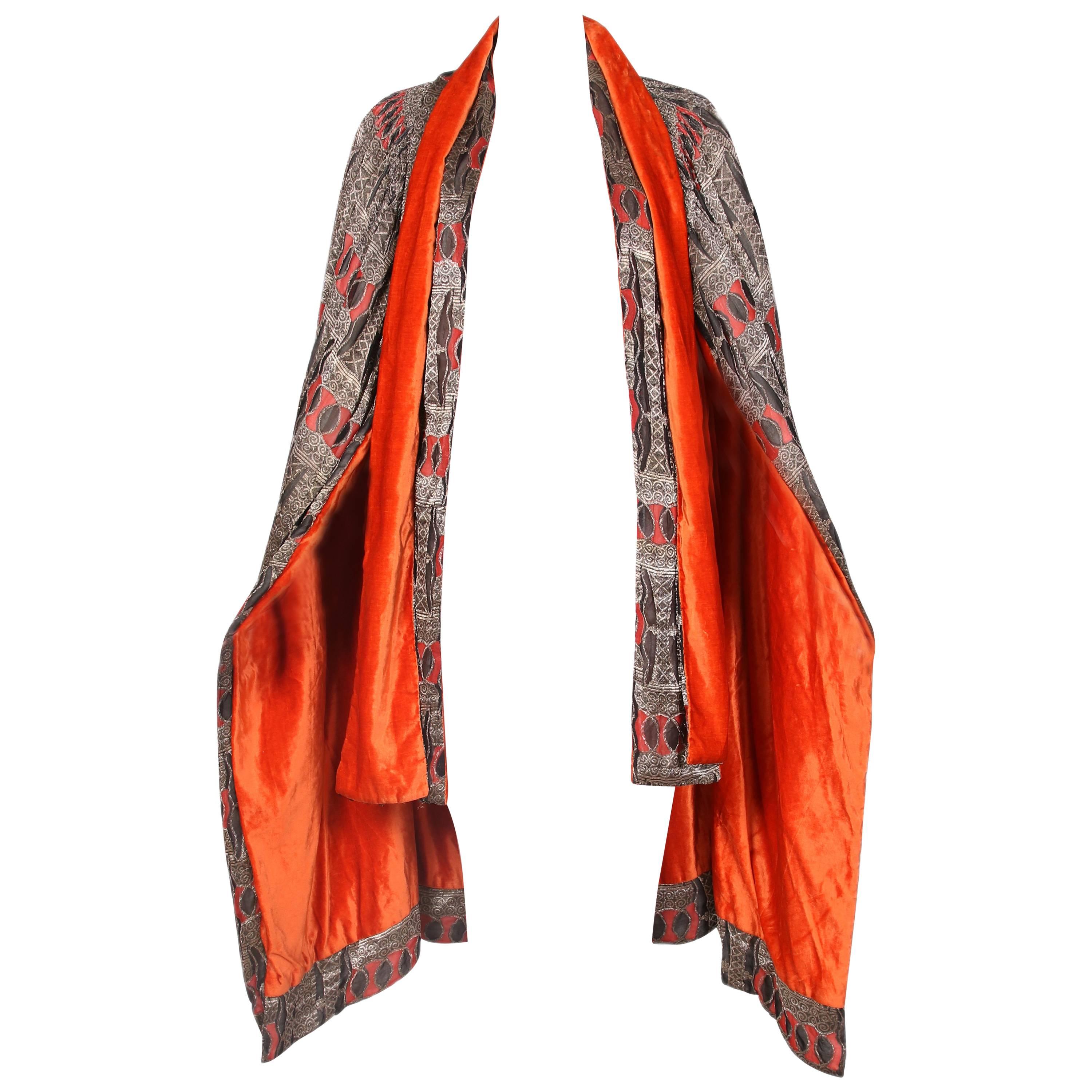 1920's Paul Poiret Inspired Geometric Print Cape w/Orange Velvet Interior