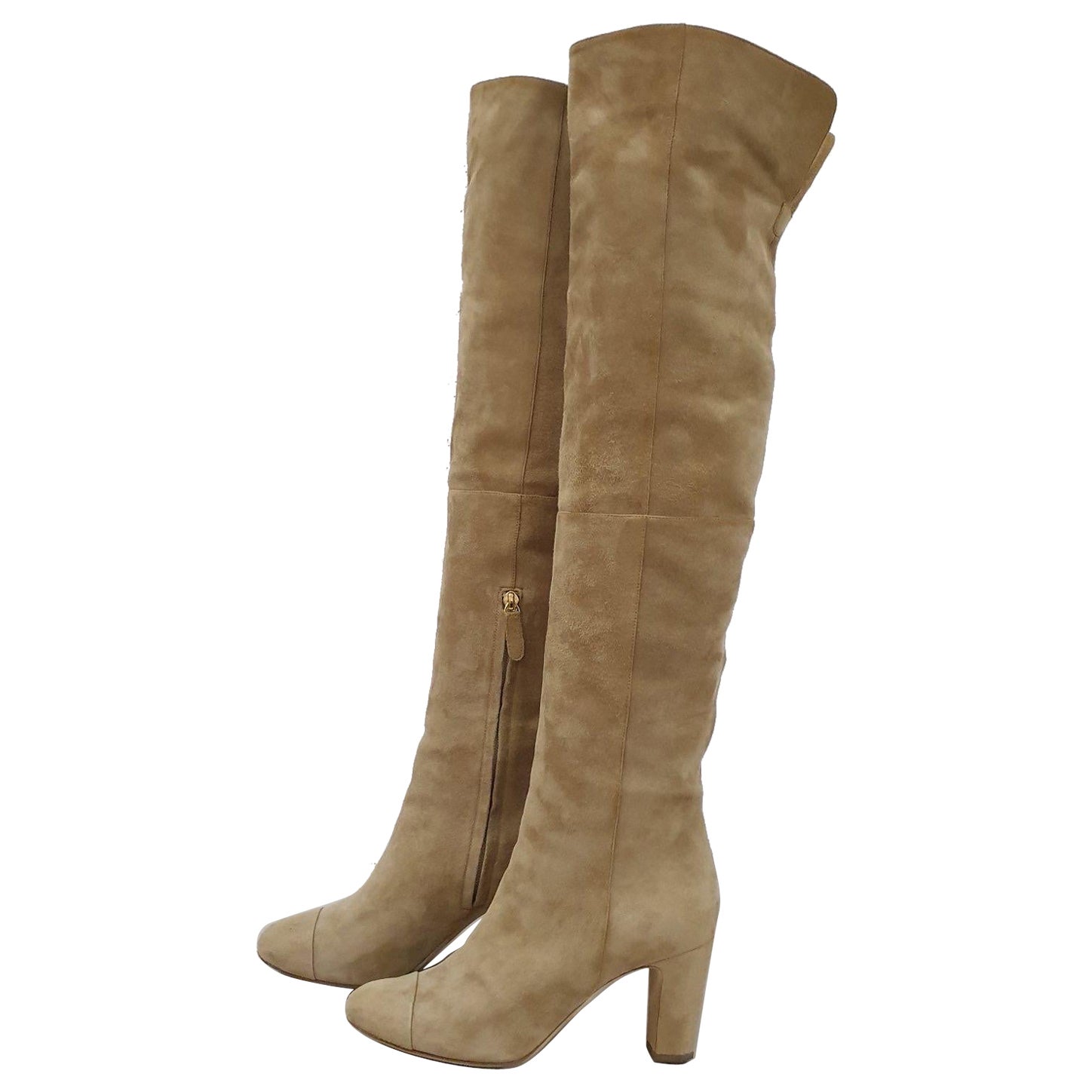 CHANEL Beige Suede Cap Toe CC Thigh High Over The Knee Tall Boots For Sale