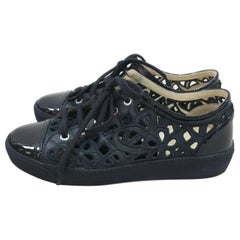 Chanel Camelia Cut Black Patent Leather Trainers Sneakers 