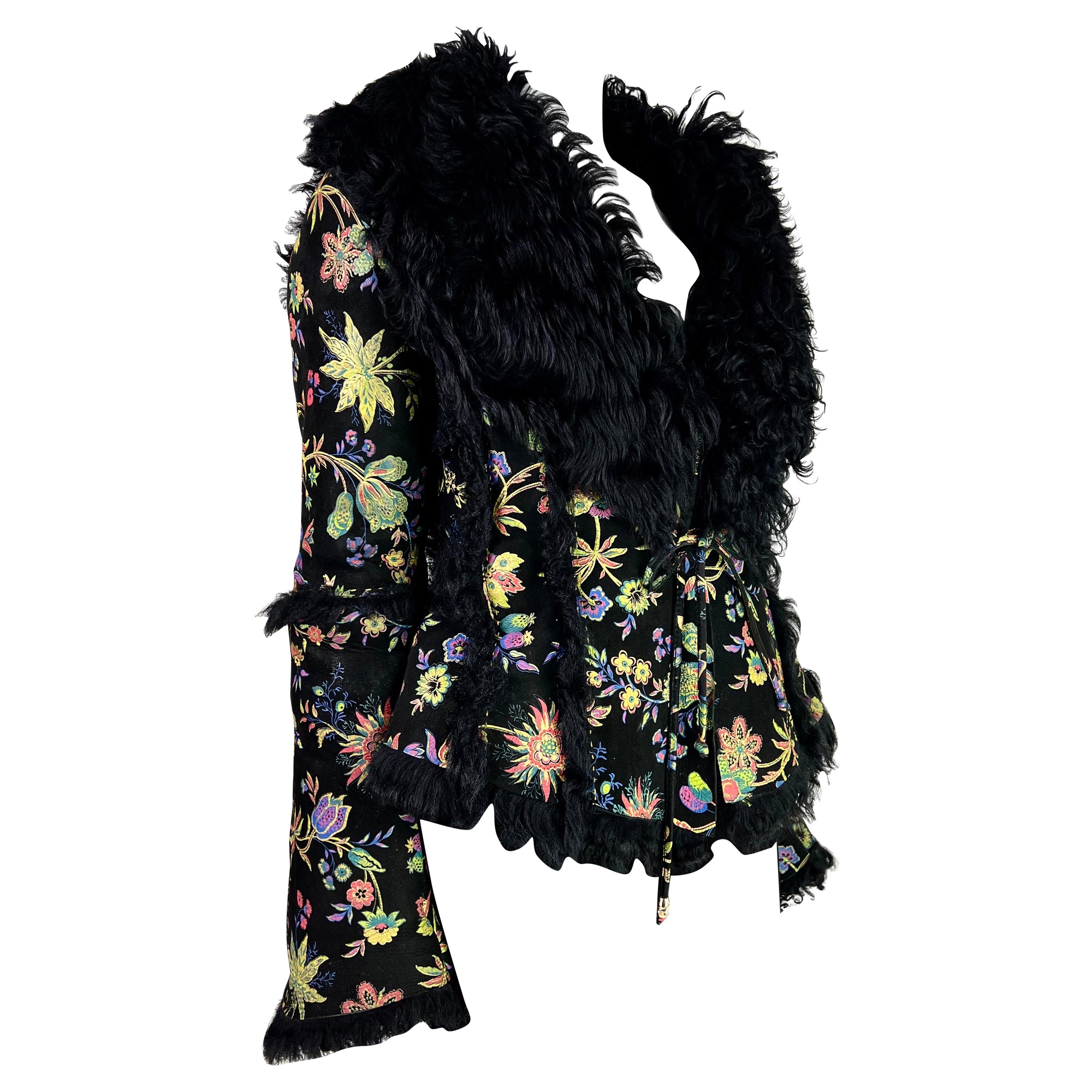Roberto Cavalli Fall 1999 Hand-painted Flower Shearling Jacket For Sale