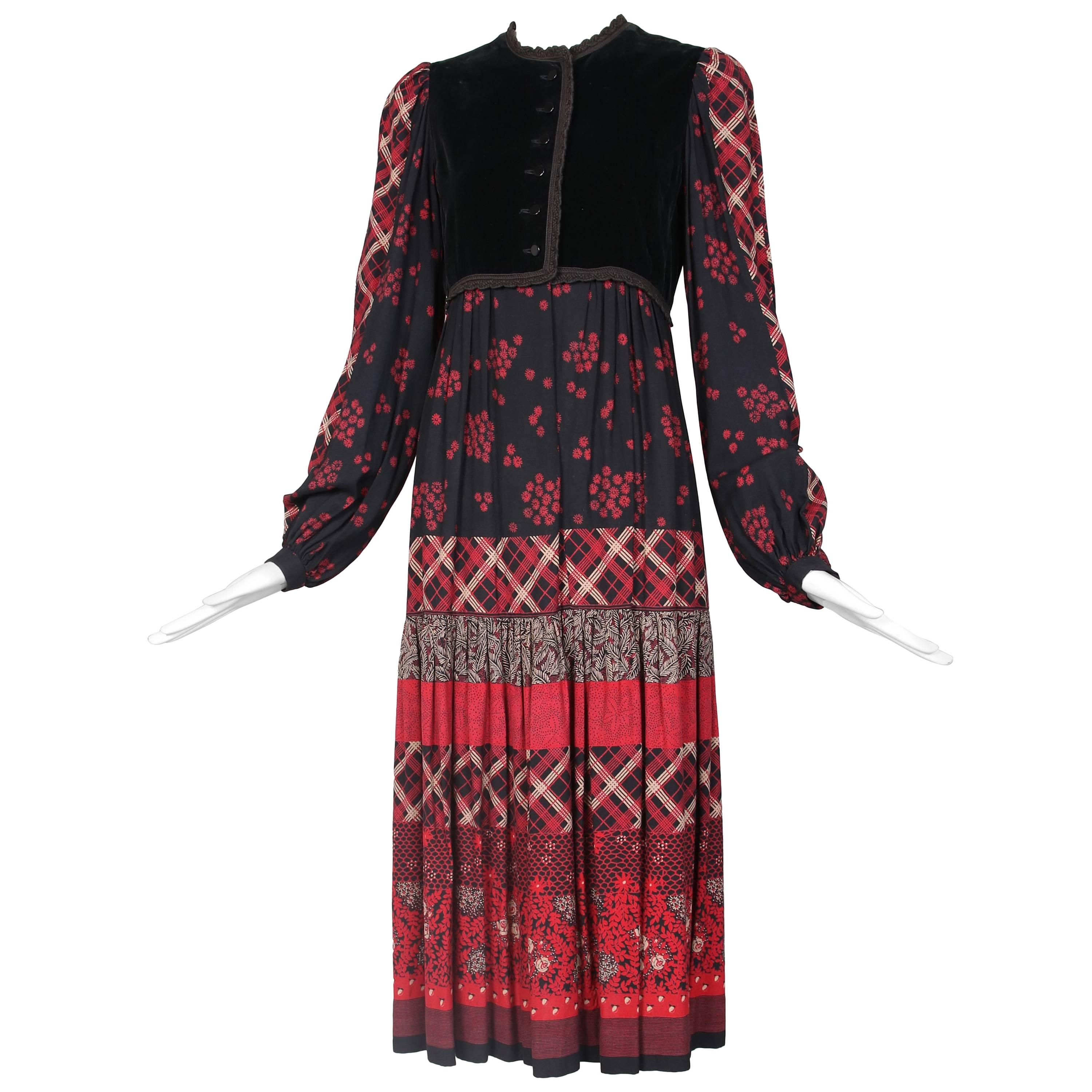 Victor Costa Peasant Dress W/Velvet Bodice & Multi-Patterned Print