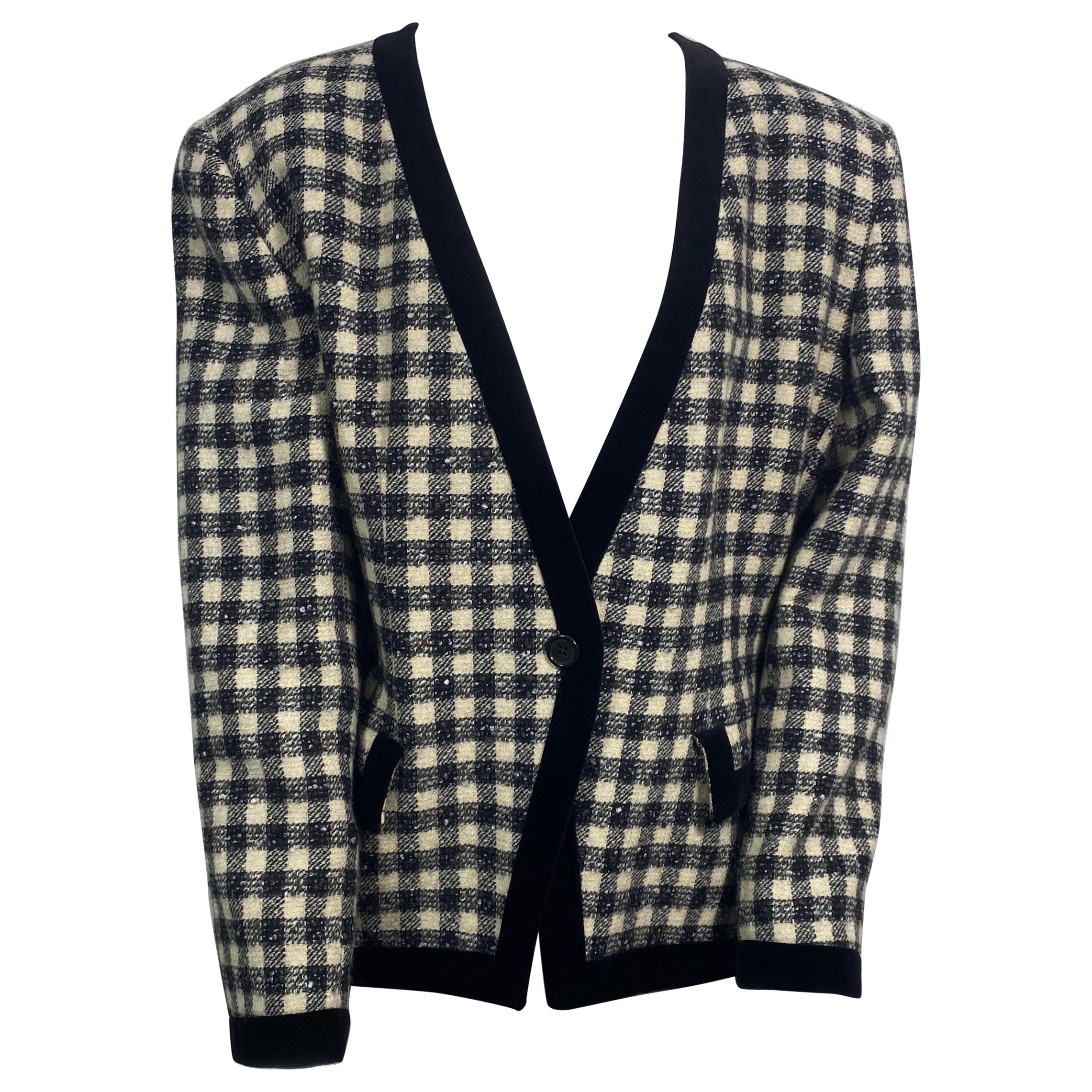 Giorgio Armani 1990’s Black and Ivory Tweed and Velvet Checkered Jacket -Size 46 For Sale