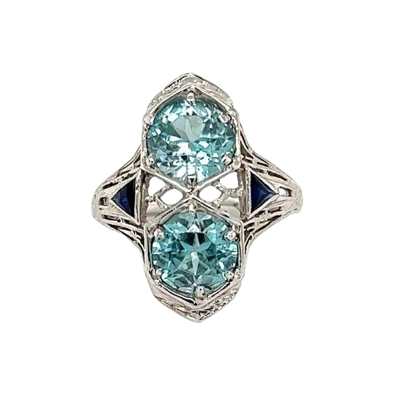 Vintage 2 Stone Round Blue Zircon and Sapphire Gold Art Deco Navette Ring For Sale