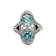 Art Deco Navette-Ring, Vintage, 2 Steine, runder blauer Zirkon und Saphir, Gold