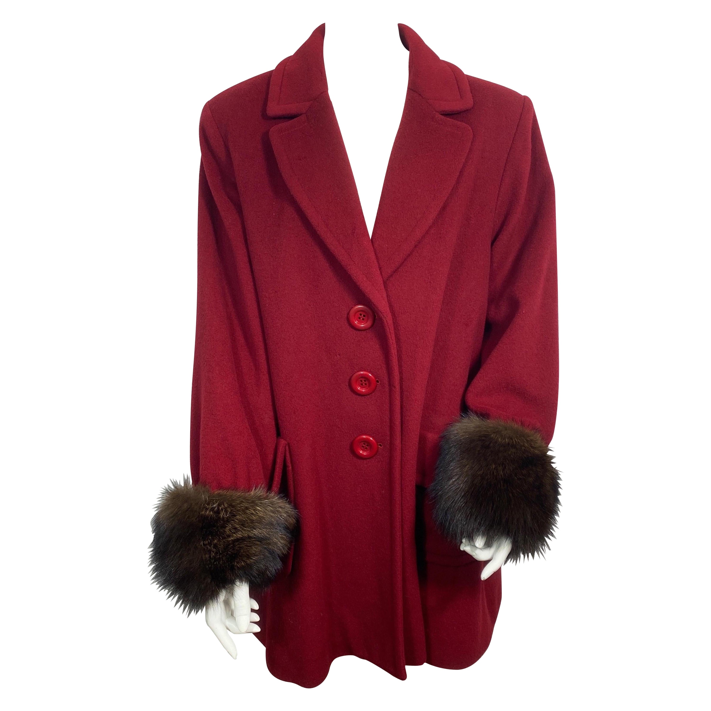Yves Saint Laurent 1990’s Garnet Cashmere and Fox Swing Coat -Size Large  For Sale