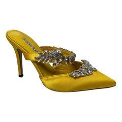 Manolo Blahnik Lurum Yellow Crystal Embellished Satin 90 mm Mules-NEW-Size 37