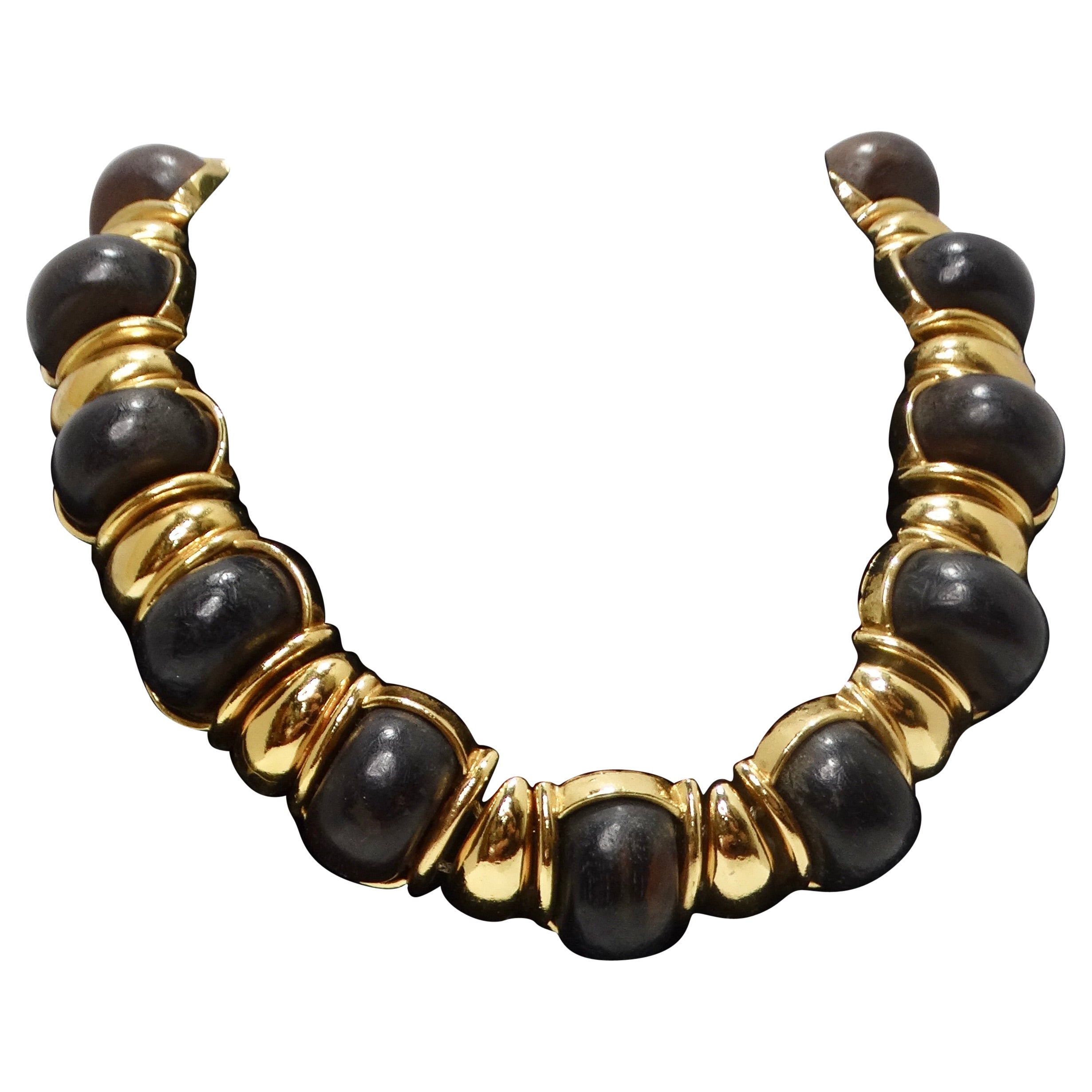 Yves Saint Laurent 1980s Gold Tone Wood Choker Necklace For Sale