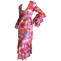 Vintage Traina Festive Low Cut Bold Pattern Dress with Flamingo Ruffle Sleeves