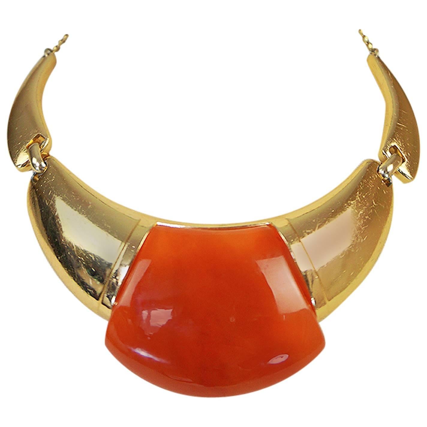 1970s Amber Resin & Gold Amulet Lanvin Choker Necklace