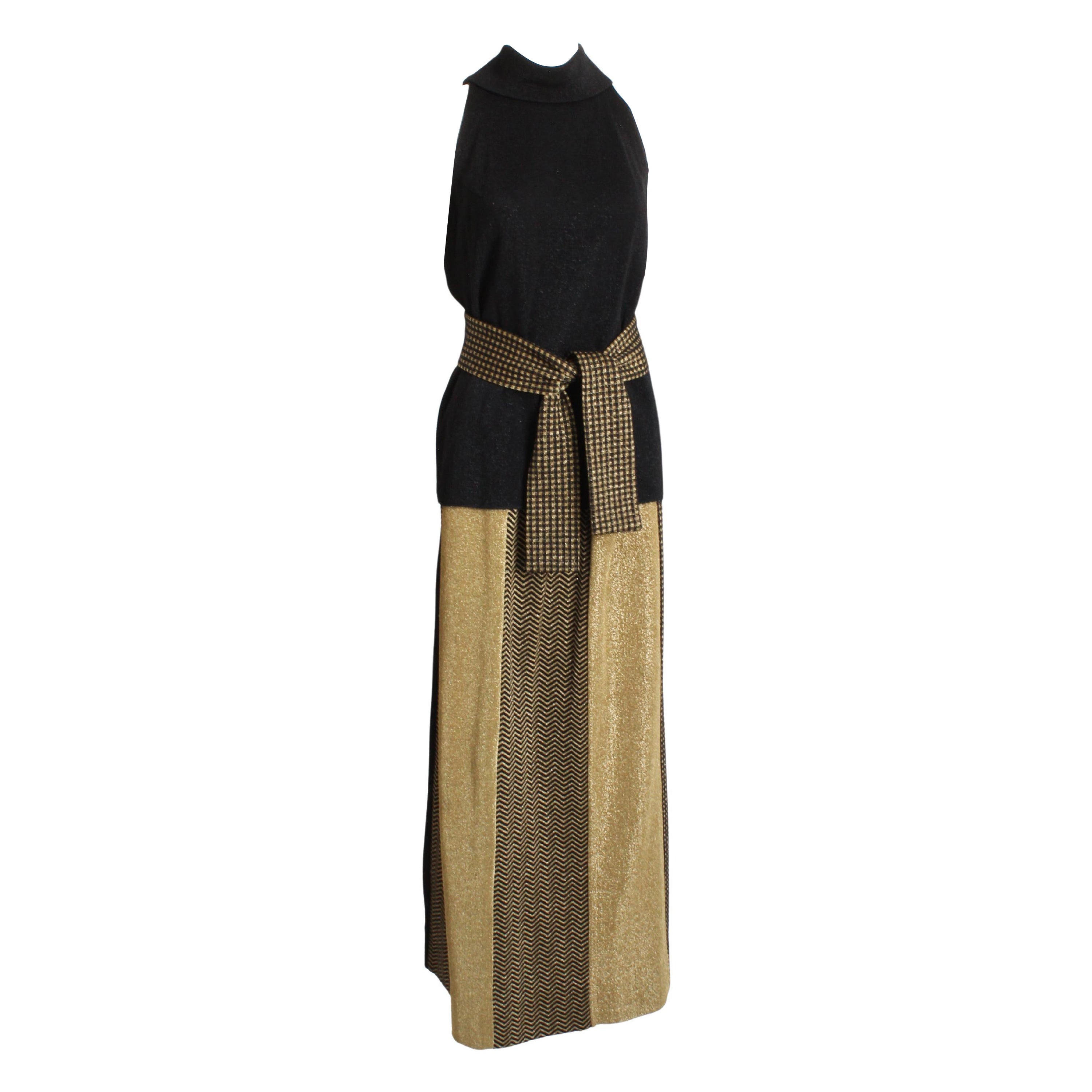 Rudi Gernreich 3pc Set Top Skirt and Sash Belt Black Gold Metallic Knit Suit 70s For Sale