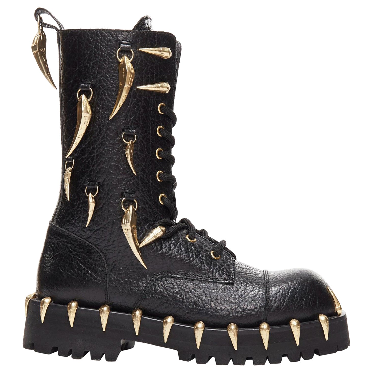 ROBERTO CAVALLI 2022 gold horn charm embellished black leather combat boots EU39 For Sale