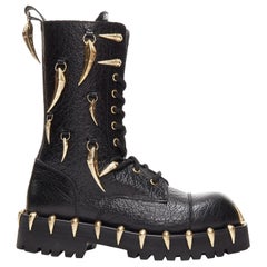 ROBERTO CAVALLI 2022 gold horn charm embellished black leather combat boots EU39