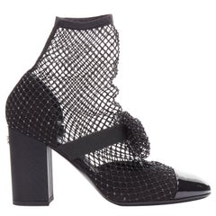 CHANEL 2023 Resille 90 black crystal fishnet bow silver CC sock boots EU38.5