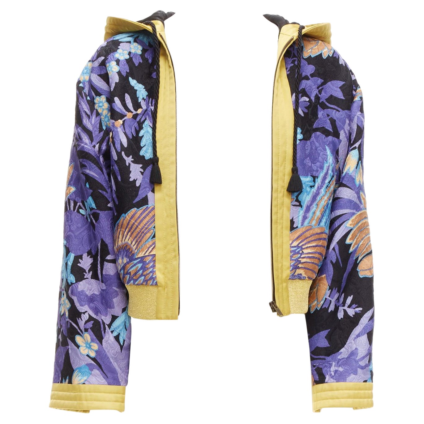 SAINT LAURENT 2022 Teddy purple floral jacquard kimono hooded jacket FR44 XS For Sale