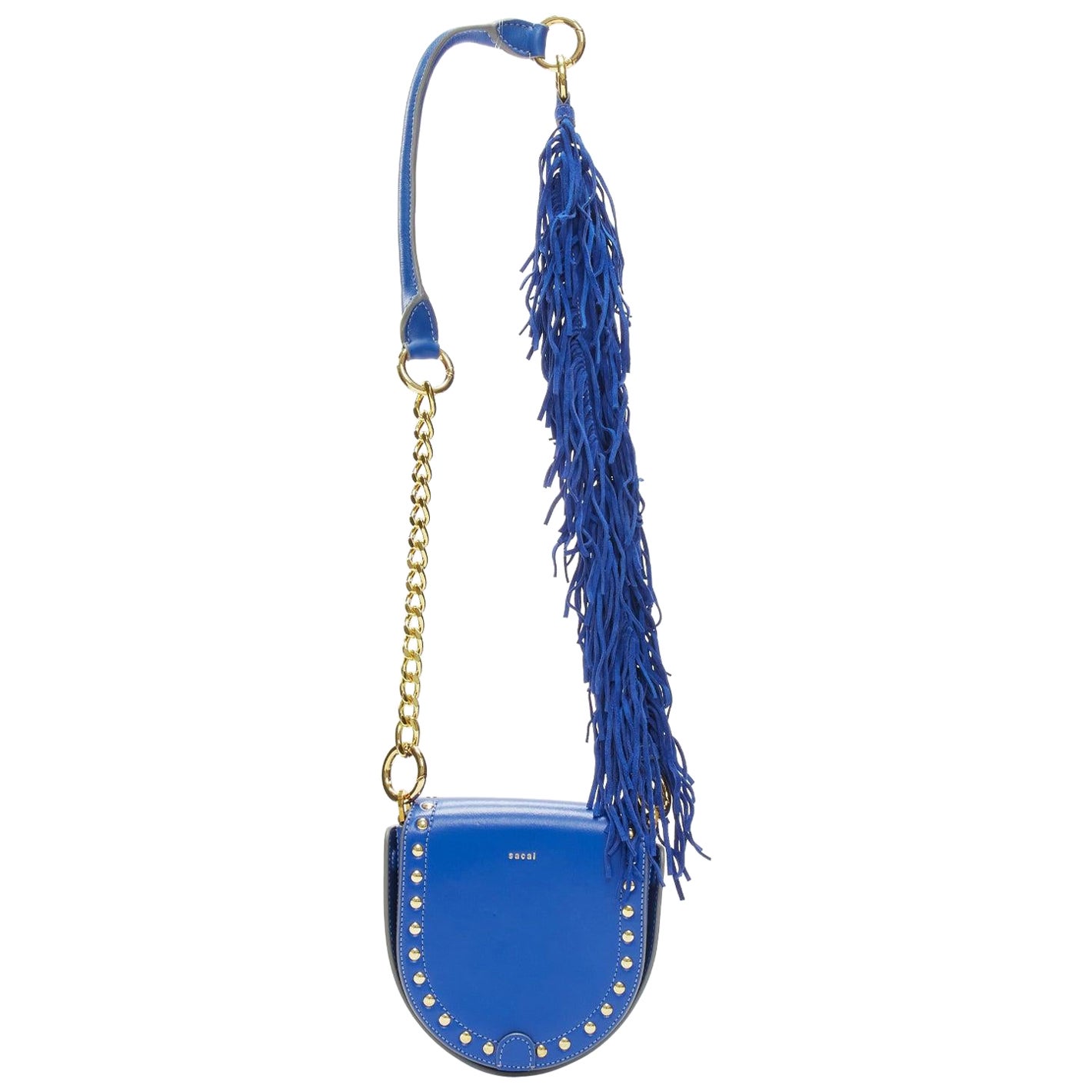 SACAI Horseshow cobalt blue leather suede fringe studs crossbody bag For Sale