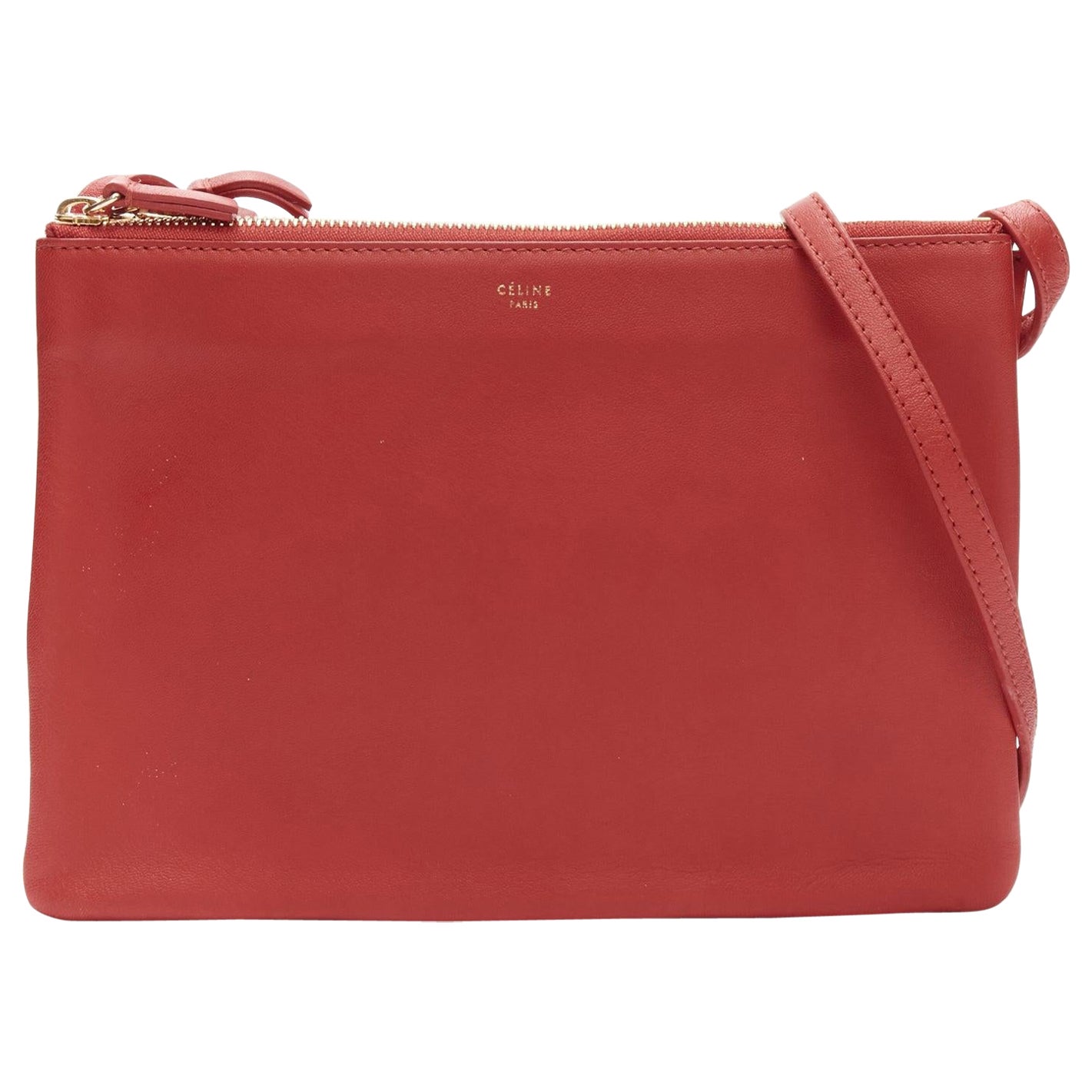 CELINE Trio red soft leather detachable shoulder strap medium pouch bag For Sale
