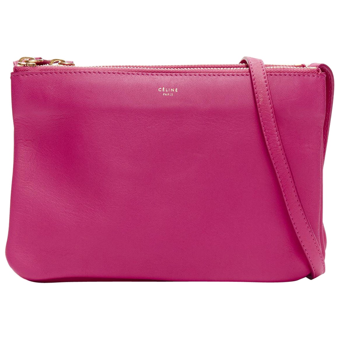 CELINE Trio pink soft leather detachable shoulder strap pouch crossbody bag For Sale