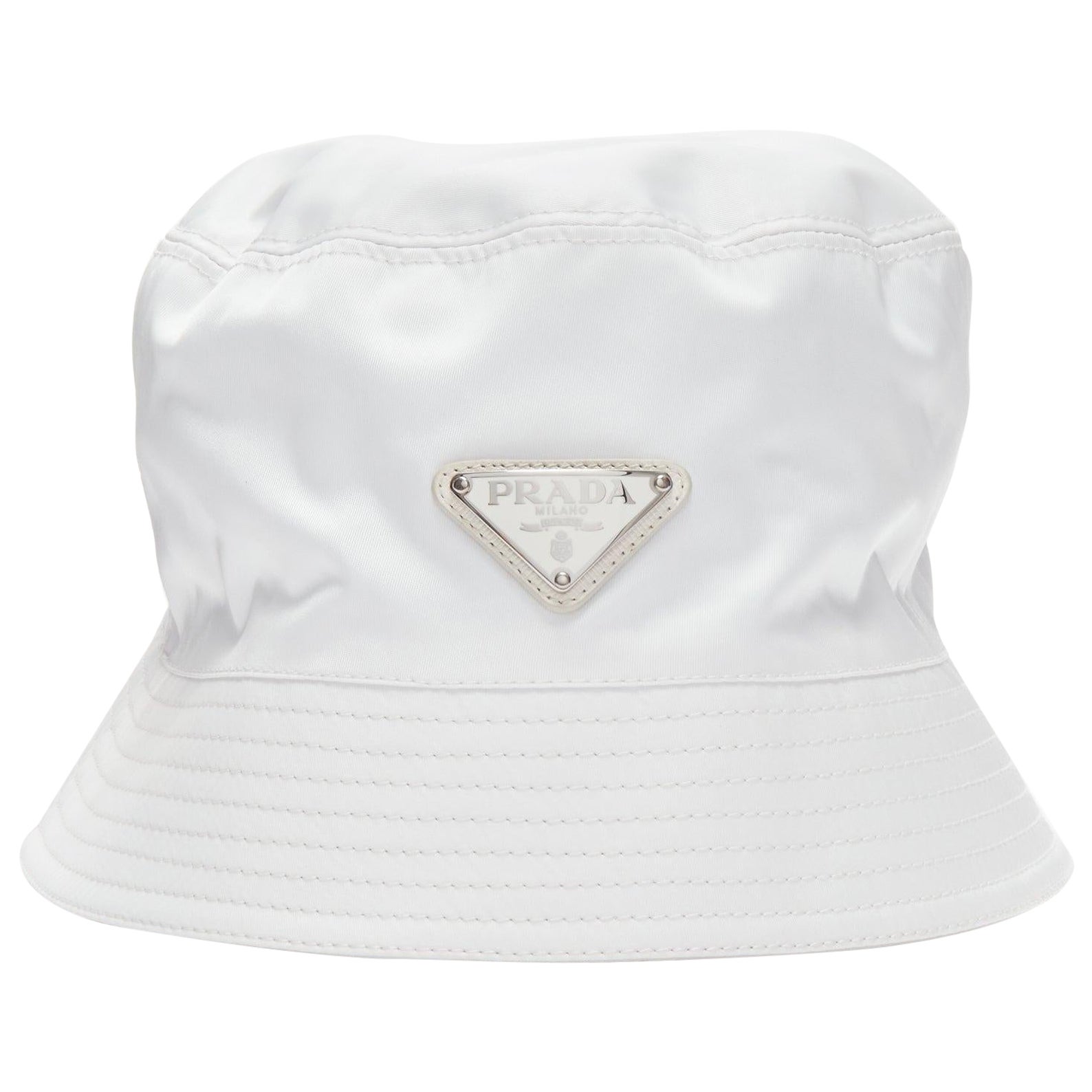 PRADA 2020 Re Nylon Symbole white enamel triangle logo bucket hat M For Sale