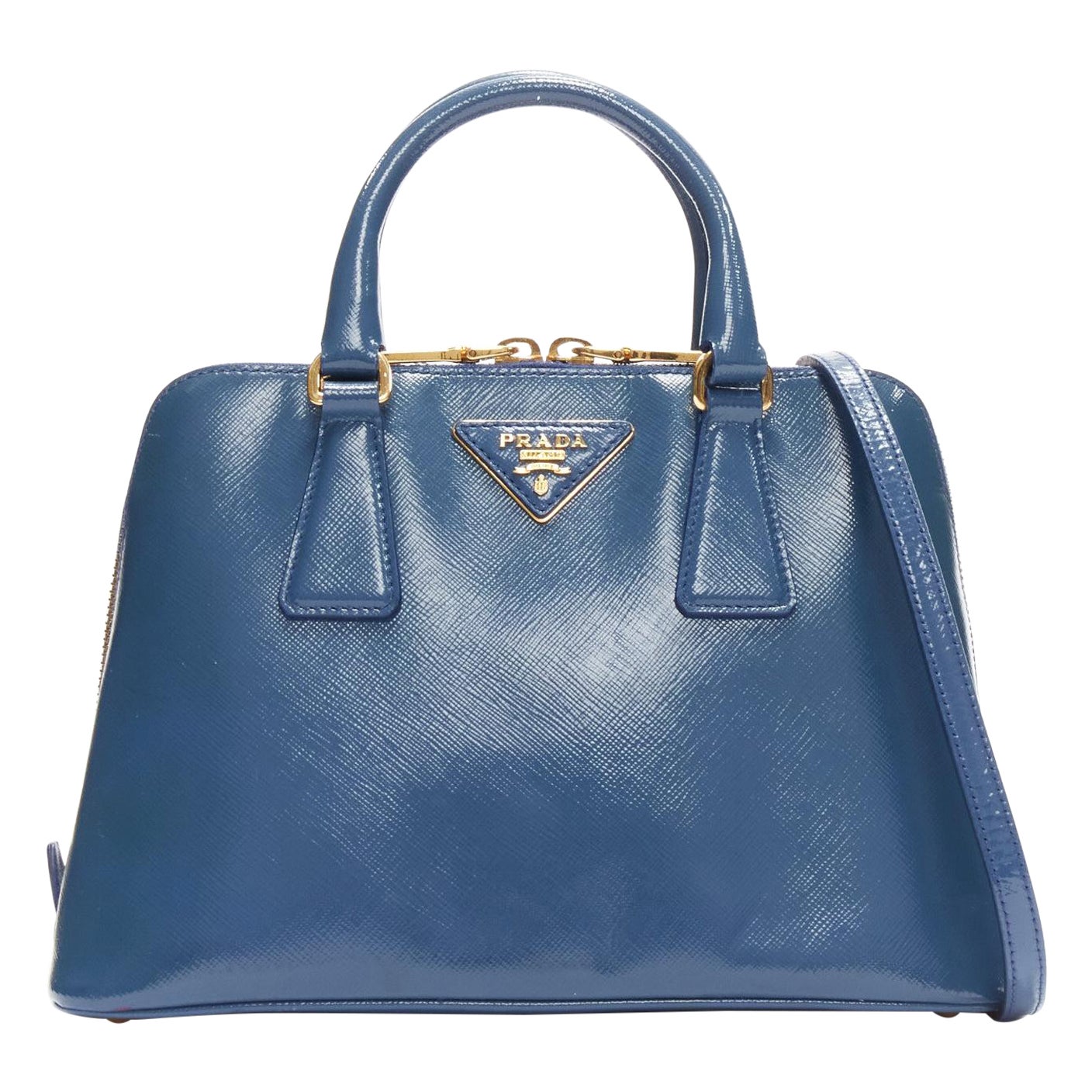 PRADA Promenade Vernice Saffiano blue leather triangle logo top handle tote bag For Sale