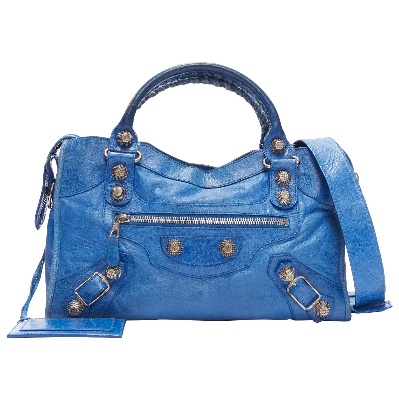 BALENCIAGA Giant 21 City blue leather SHW motorcycle tote bag